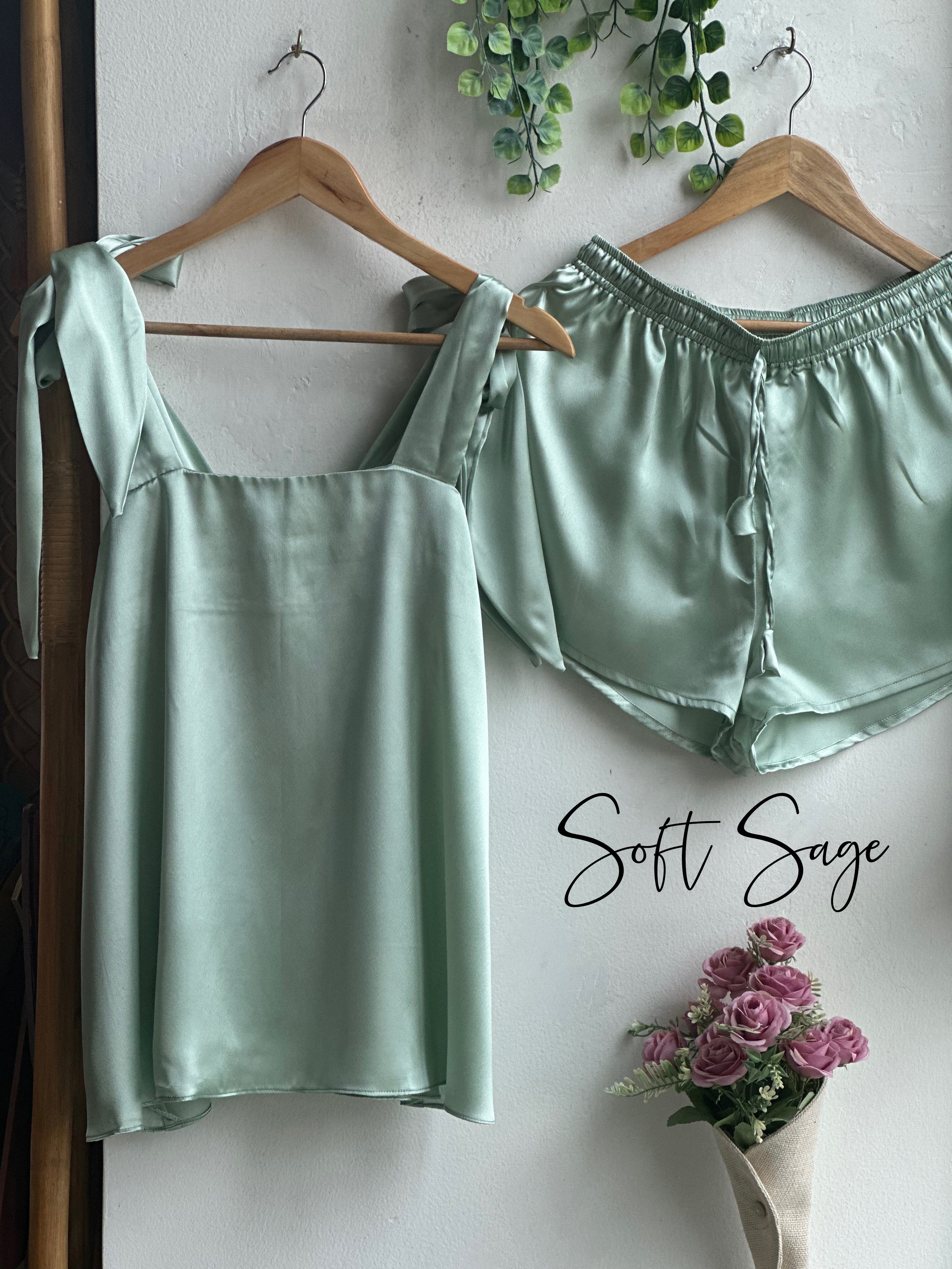 Shades of Green Bow Tie-Knot Makeup Tank Silk Pjs