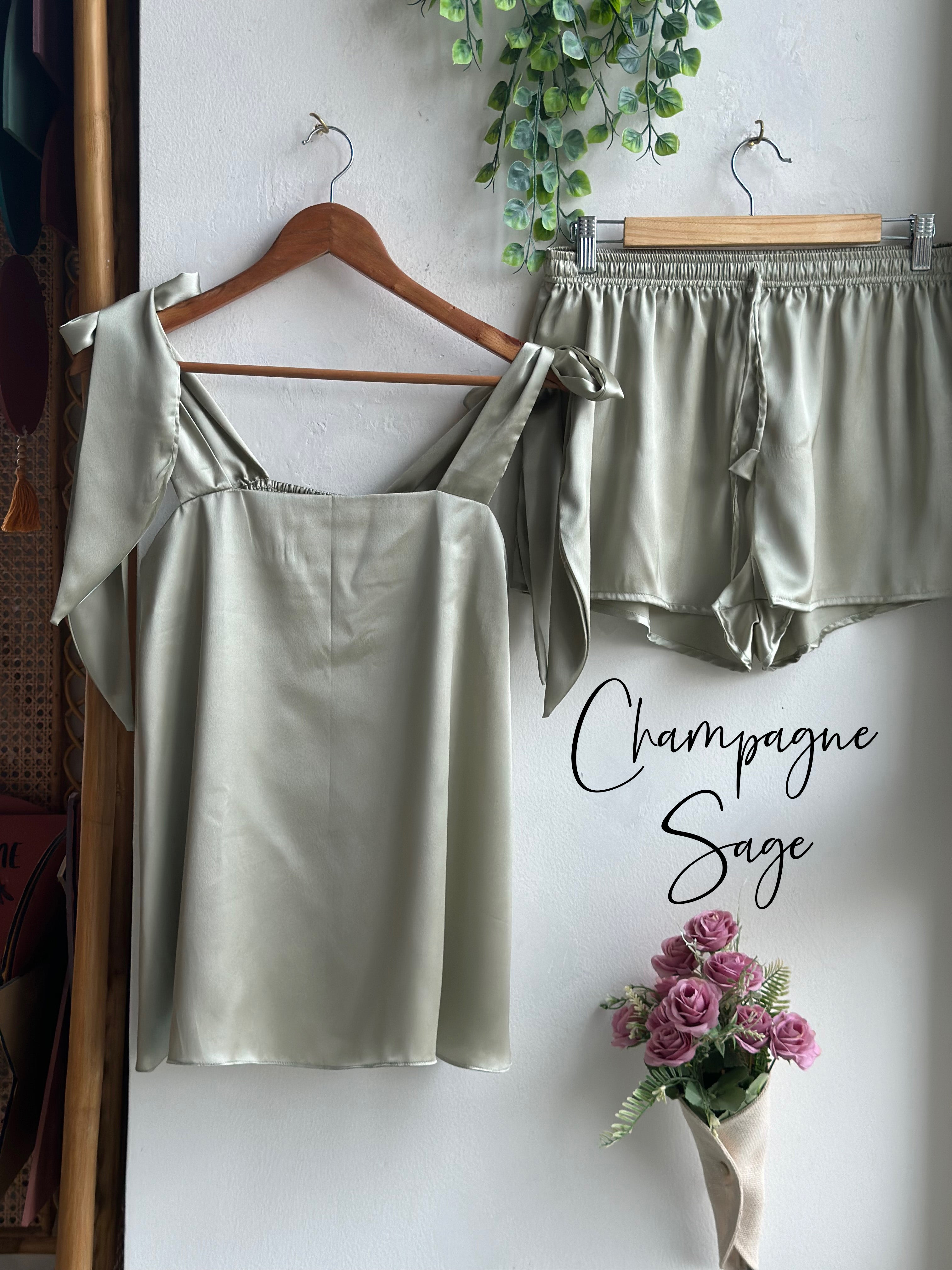Shades of Green Bow Tie-Knot Makeup Tank Silk Pjs